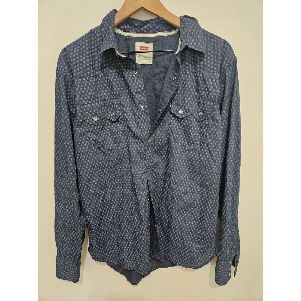 Levis Mens Western Pearl Snap Shirt Blue Geometric Print Long Sleeve 3LDLW2351 L